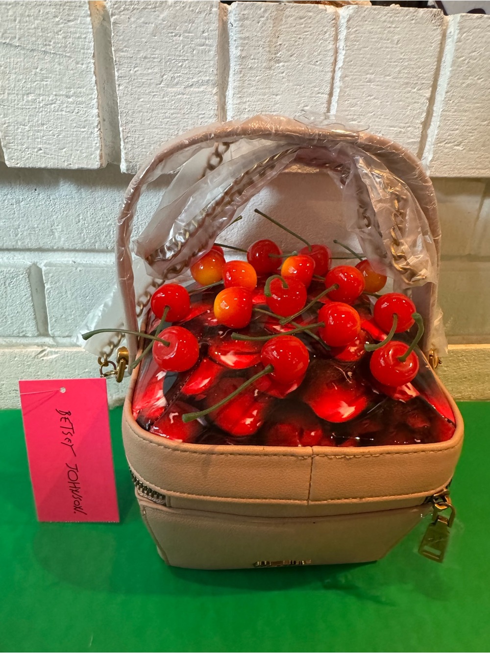 Betsey Johnson Mon Cheri Beige Cherry Print Top-Handle Bag